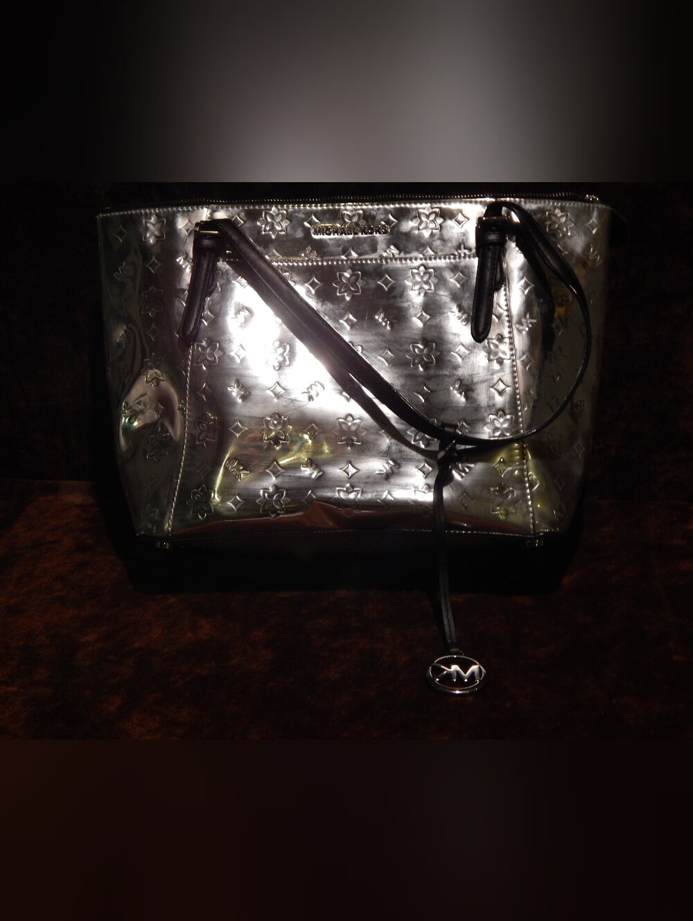 Michael Kors Metallic Silver Tote Bag with Black Trim - Designer Style